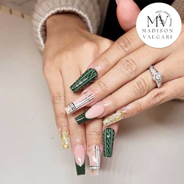 Long coffin nails in a deep green knit pattern with plaid and gold glitter