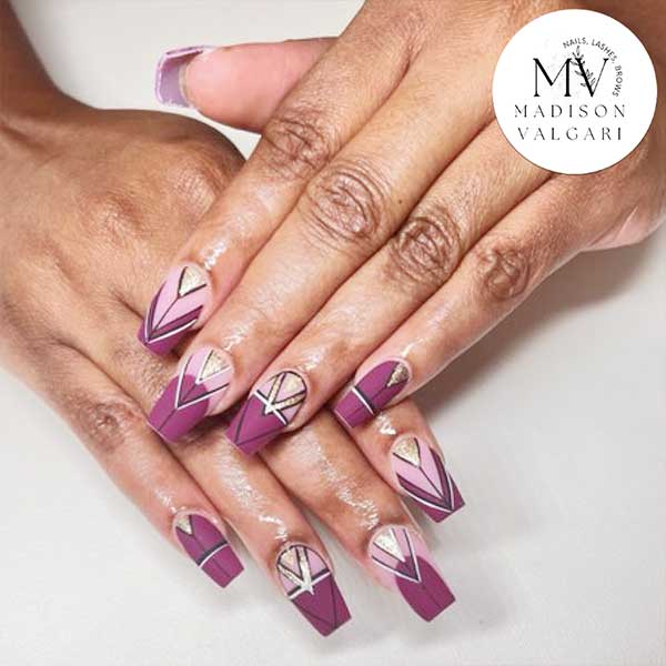 Plum and mauve geometric art deco nails finished with gold foil