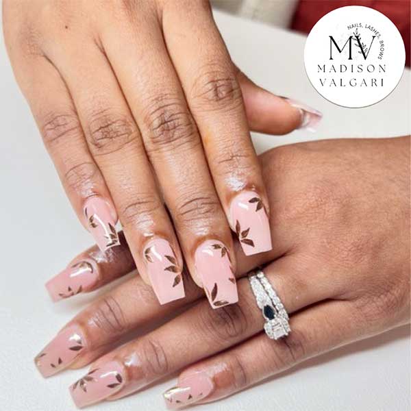 Blush square nails with hand painted brown botanical leaves